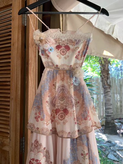 Gorgeous Pink Floral Print Spaghetti Straps Lace Trim 3D Floral Appliques Corset Lace‑Up Back Tiered Ruffle A Line Long Prom Dress AD1275