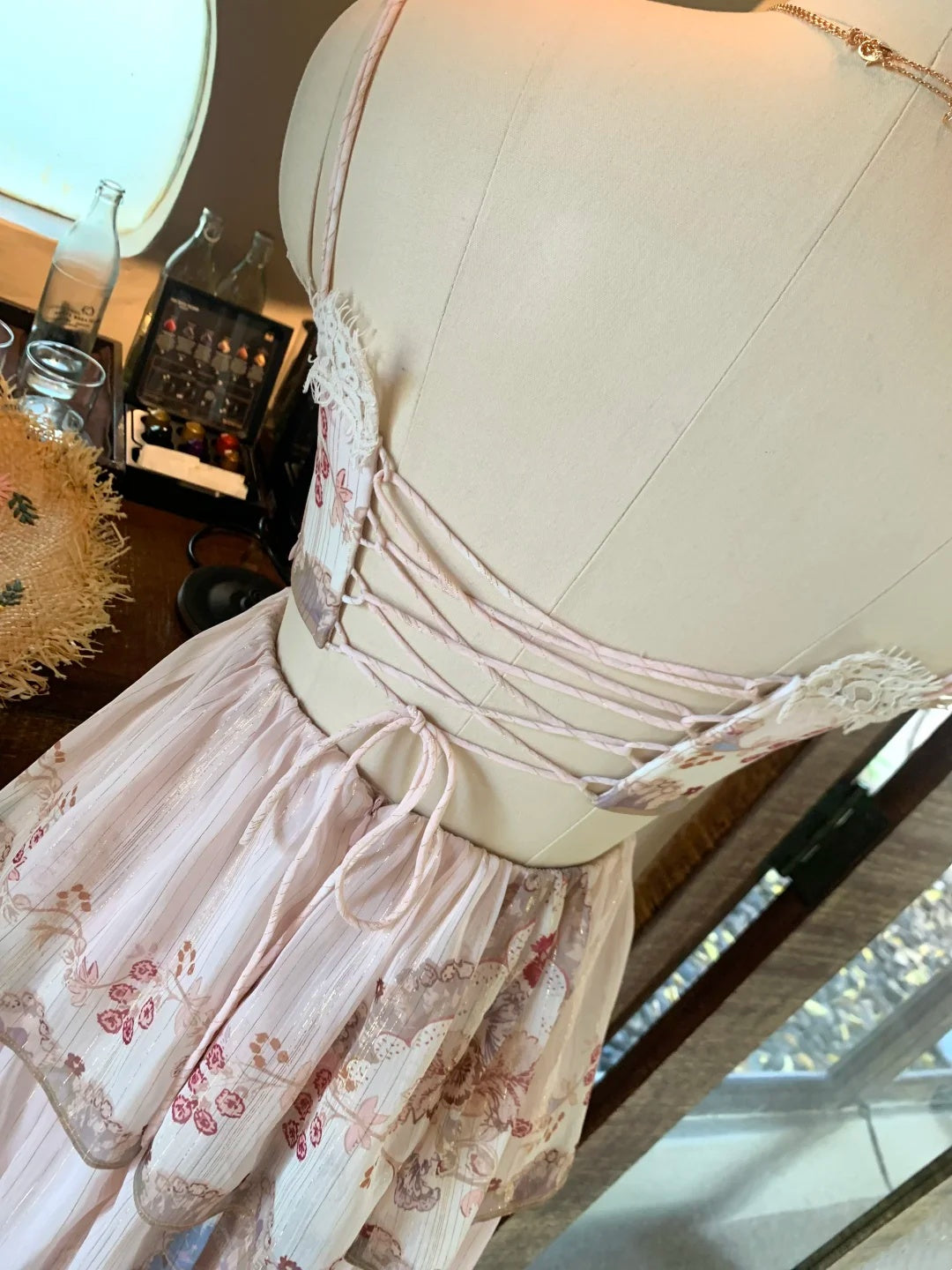 Gorgeous Pink Floral Print Spaghetti Straps Lace Trim 3D Floral Appliques Corset Lace‑Up Back Tiered Ruffle A Line Long Prom Dress AD1275
