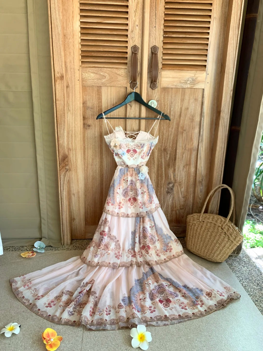 Gorgeous Pink Floral Print Spaghetti Straps Lace Trim 3D Floral Appliques Corset Lace‑Up Back Tiered Ruffle A Line Long Prom Dress AD1275