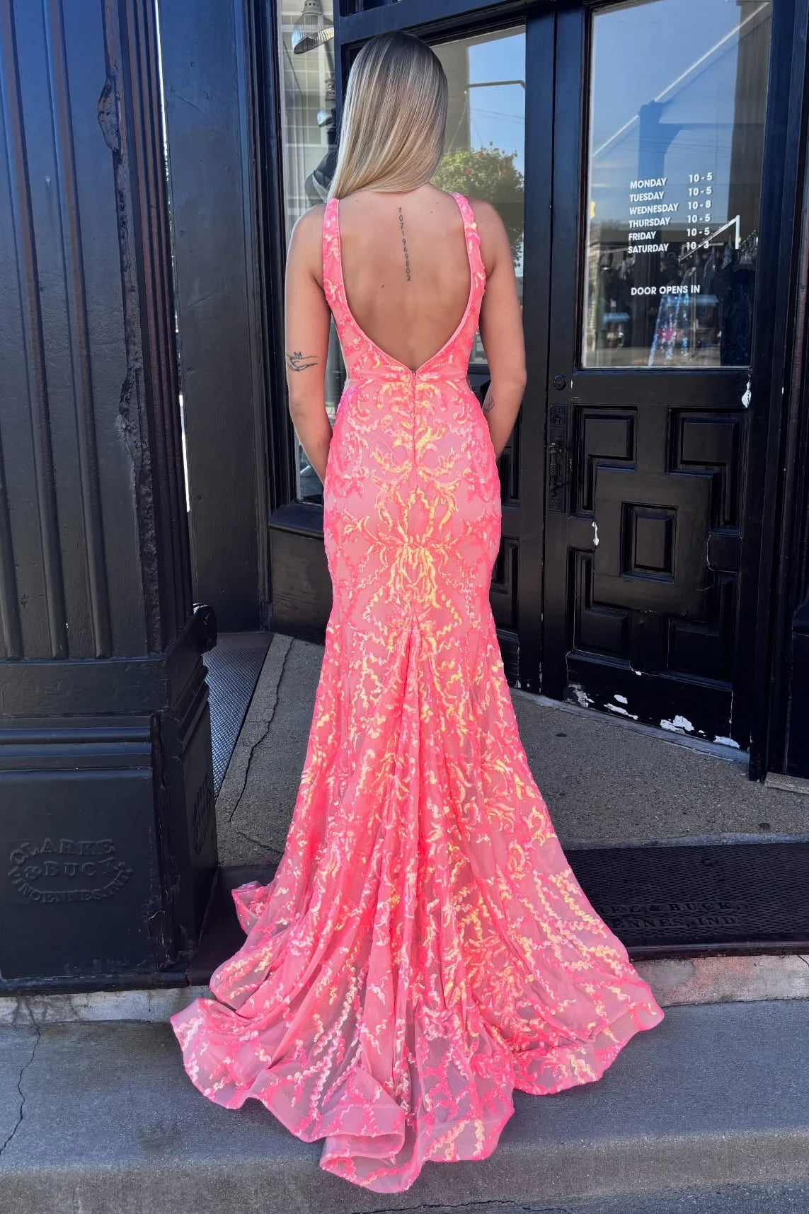 Fashionable Mermaid V Neck Orange Sequins Long Prom Dress With Open Back AD128