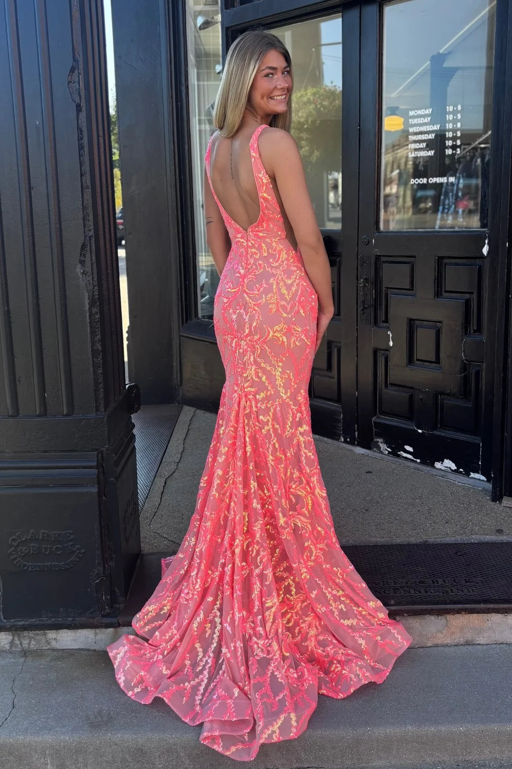 Fashionable Mermaid V Neck Orange Sequins Long Prom Dress With Open Back AD128