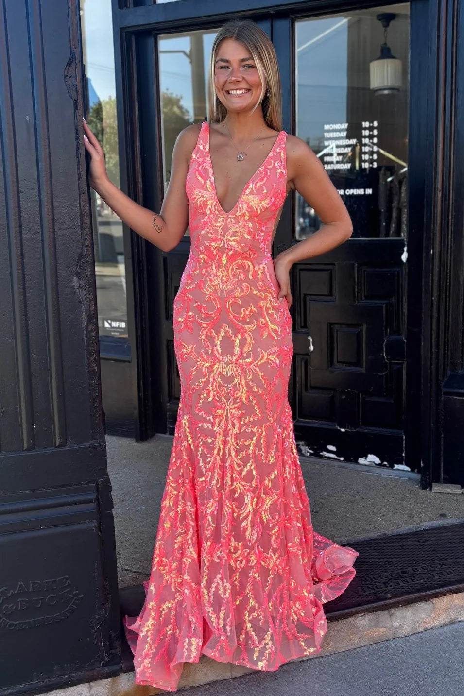 Fashionable Mermaid V Neck Orange Sequins Long Prom Dress With Open Back AD128