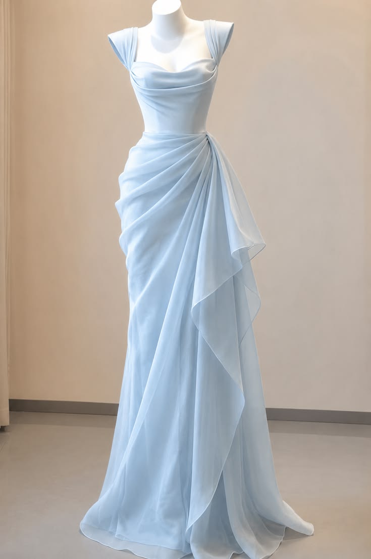 Graceful Light Blue Cap Sleeve Cowl Neck Draped Ruched Chiffon Mermaid Long Prom Dress AD1303