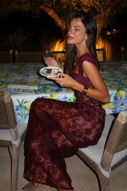 Trendy Mermaid Sweetheart Burgundy Long Party Dress With Lace AD131