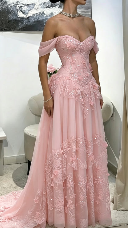 Exquisite Lavender Off‑The‑Shoulder Sweetheart 3D Floral Appliques Sequin A‑Line Long Prom Dress With Chapel Train AD1320