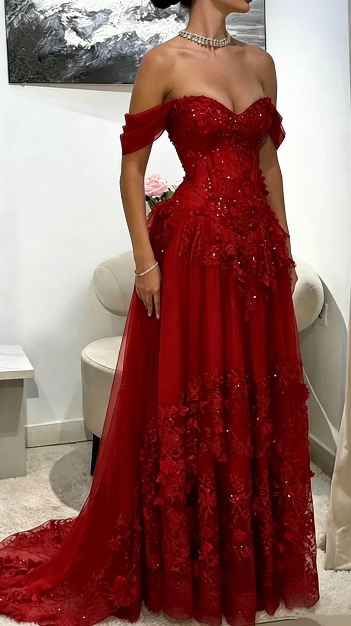 Exquisite Lavender Off‑The‑Shoulder Sweetheart 3D Floral Appliques Sequin A‑Line Long Prom Dress With Chapel Train AD1320