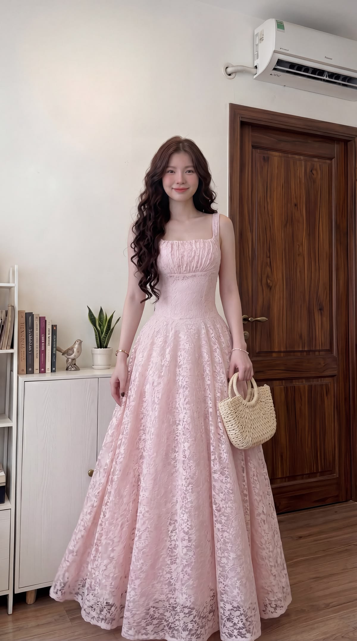 Romantic Pink Floral Lace Spaghetti Straps Ruched Square Neck A‑Line Long Prom Dress AD1322
