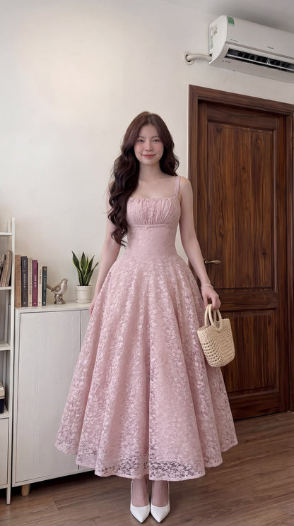 Romantic Pink Floral Lace Spaghetti Straps Ruched Square Neck A‑Line Long Prom Dress AD1322