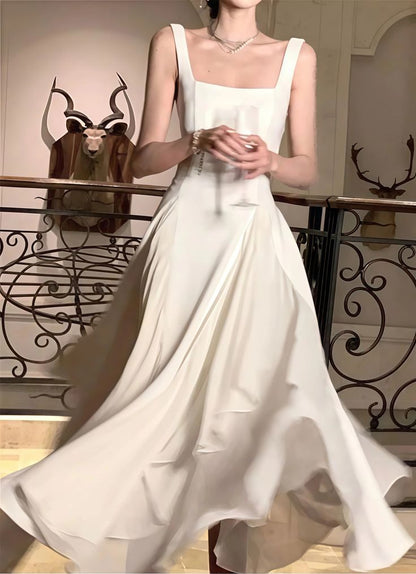 Elegant Ivory Satin Square Neck Straps Asymmetrical Layered Chiffon Underlayer A‑Line Long Prom Dress AD1324