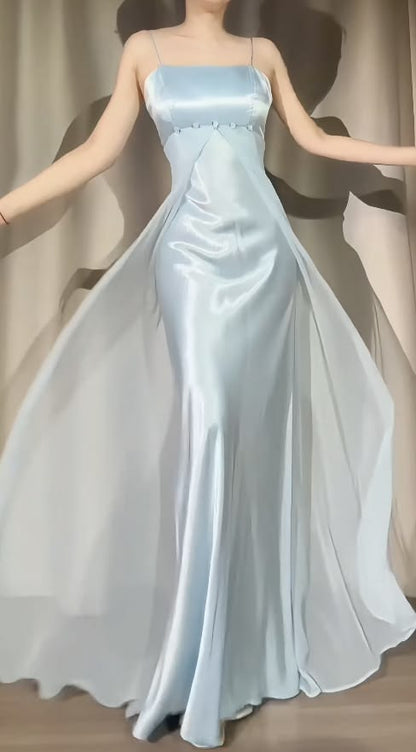 Stunning Blue Satin Spaghetti Straps Square Neck Floral Detail Chiffon Overlay Mermaid Long Prom Dress AD1325