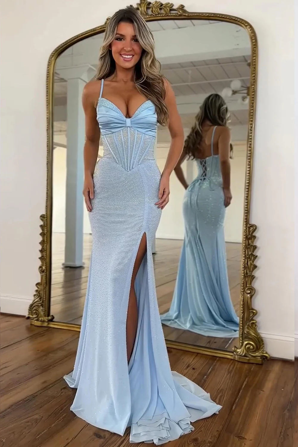 Sparkly Light Blue Spaghetti Straps Mermaid Corset Prom Dress With Slit AD133