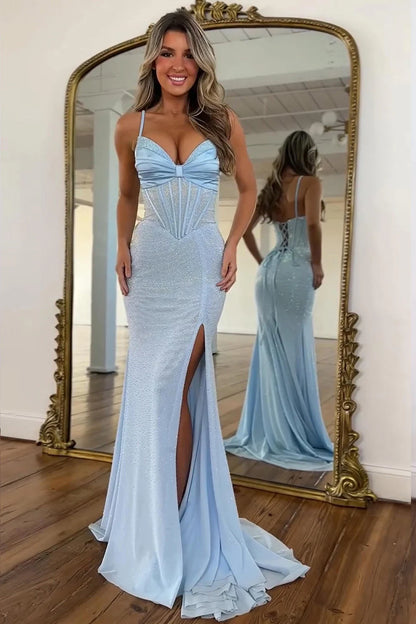 Sparkly Light Blue Spaghetti Straps Mermaid Corset Prom Dress With Slit AD133