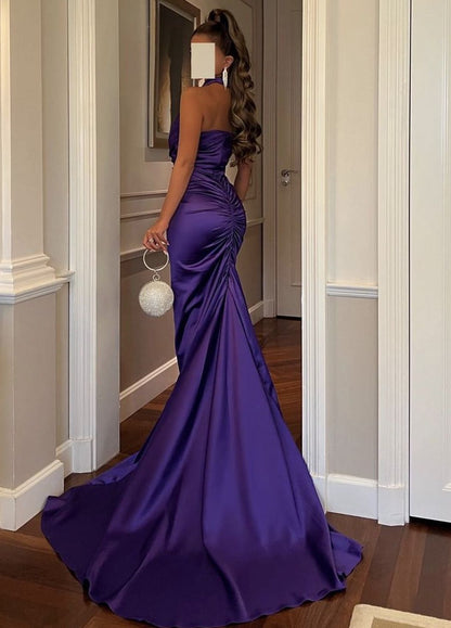 Regal Purple Halter V-Neck Twist Knot Satin Mermaid Long Prom Dress With Train AD1337