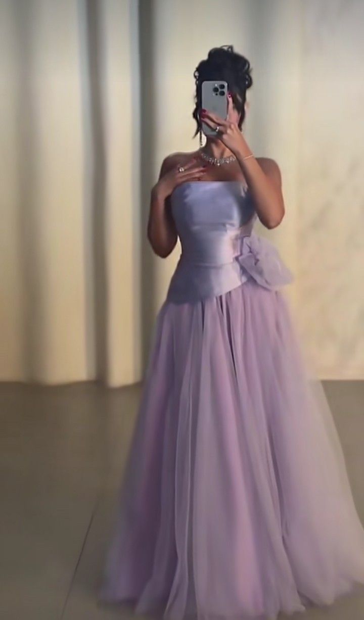 Dreamy Lavender Strapless Satin Corset Bodice Tulle A-Line Long Prom Dress With Large Side Bow AD1346