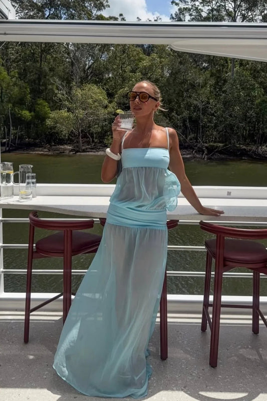 Stylish Mint Green Sheer Spaghetti Straps Chiffon Long Prom Dress AD135