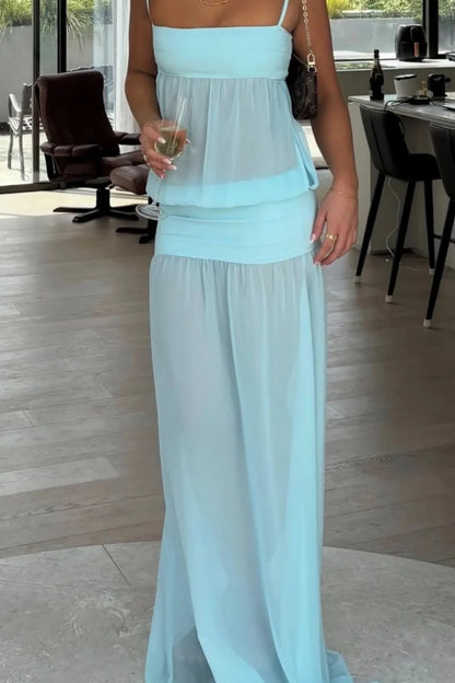 Stylish Mint Green Sheer Spaghetti Straps Chiffon Long Prom Dress AD135