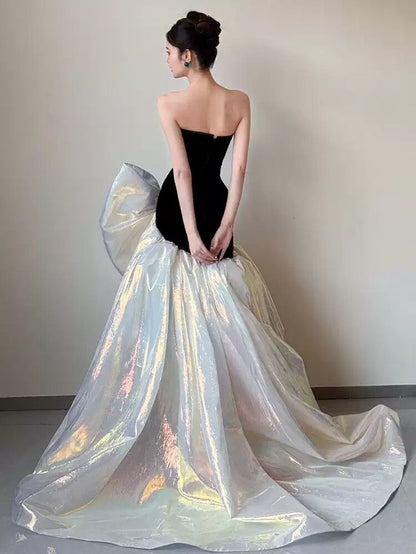 Stunning Strapless Black Bodice Iridescent Shimmer Oversized Bow Mermaid Long Prom Dress With Sweep Train AD1355