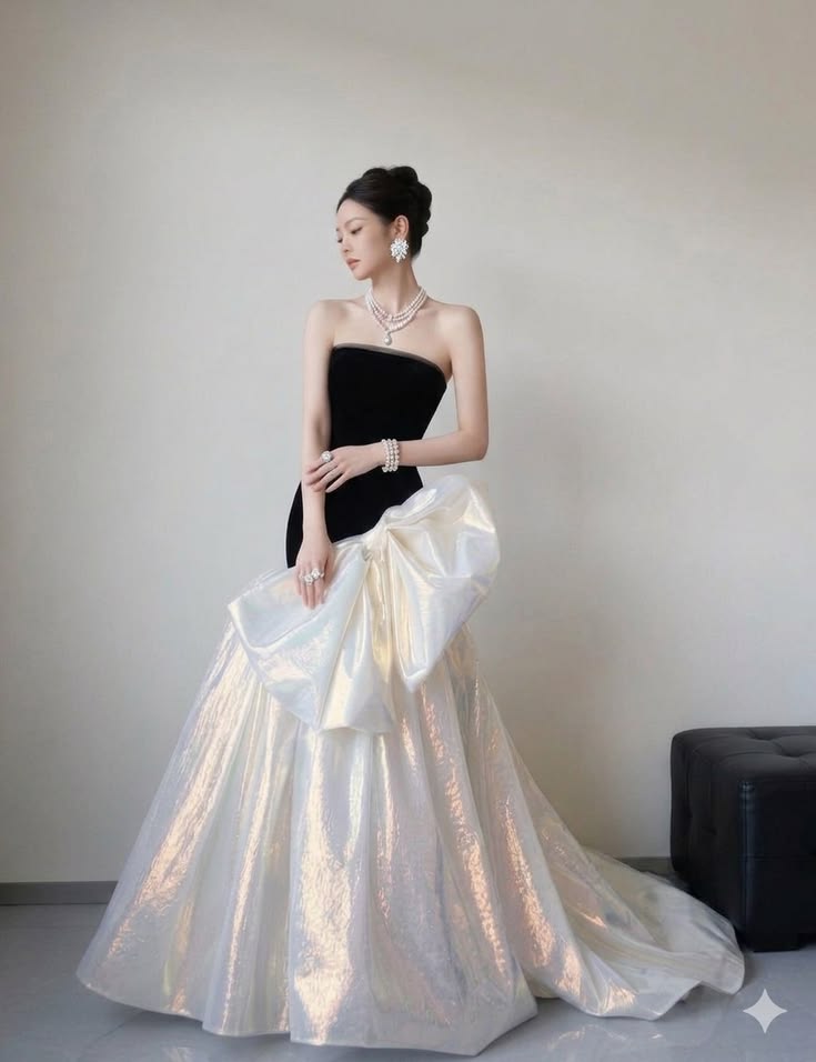 Stunning Strapless Black Bodice Iridescent Shimmer Oversized Bow Mermaid Long Prom Dress With Sweep Train AD1355