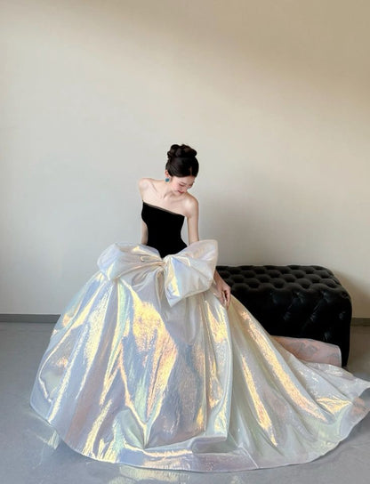 Stunning Strapless Black Bodice Iridescent Shimmer Oversized Bow Mermaid Long Prom Dress With Sweep Train AD1355