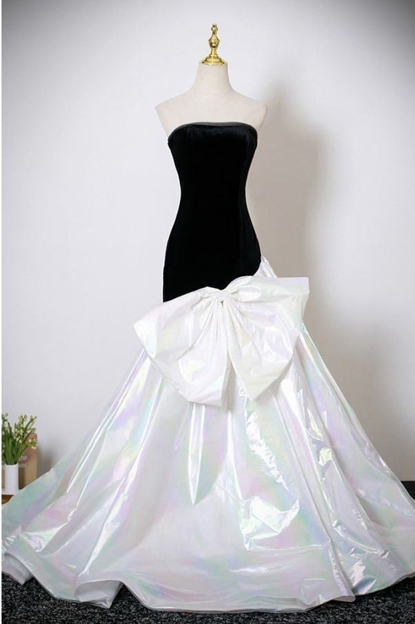 Stunning Strapless Black Bodice Iridescent Shimmer Oversized Bow Mermaid Long Prom Dress With Sweep Train AD1355