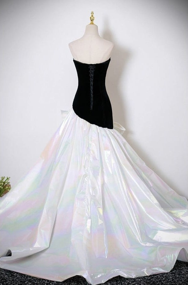 Stunning Strapless Black Bodice Iridescent Shimmer Oversized Bow Mermaid Long Prom Dress With Sweep Train AD1355