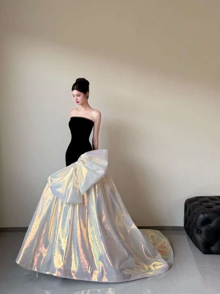 Stunning Strapless Black Bodice Iridescent Shimmer Oversized Bow Mermaid Long Prom Dress With Sweep Train AD1355