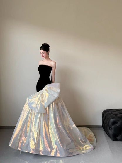 Stunning Strapless Black Bodice Iridescent Shimmer Oversized Bow Mermaid Long Prom Dress With Sweep Train AD1355