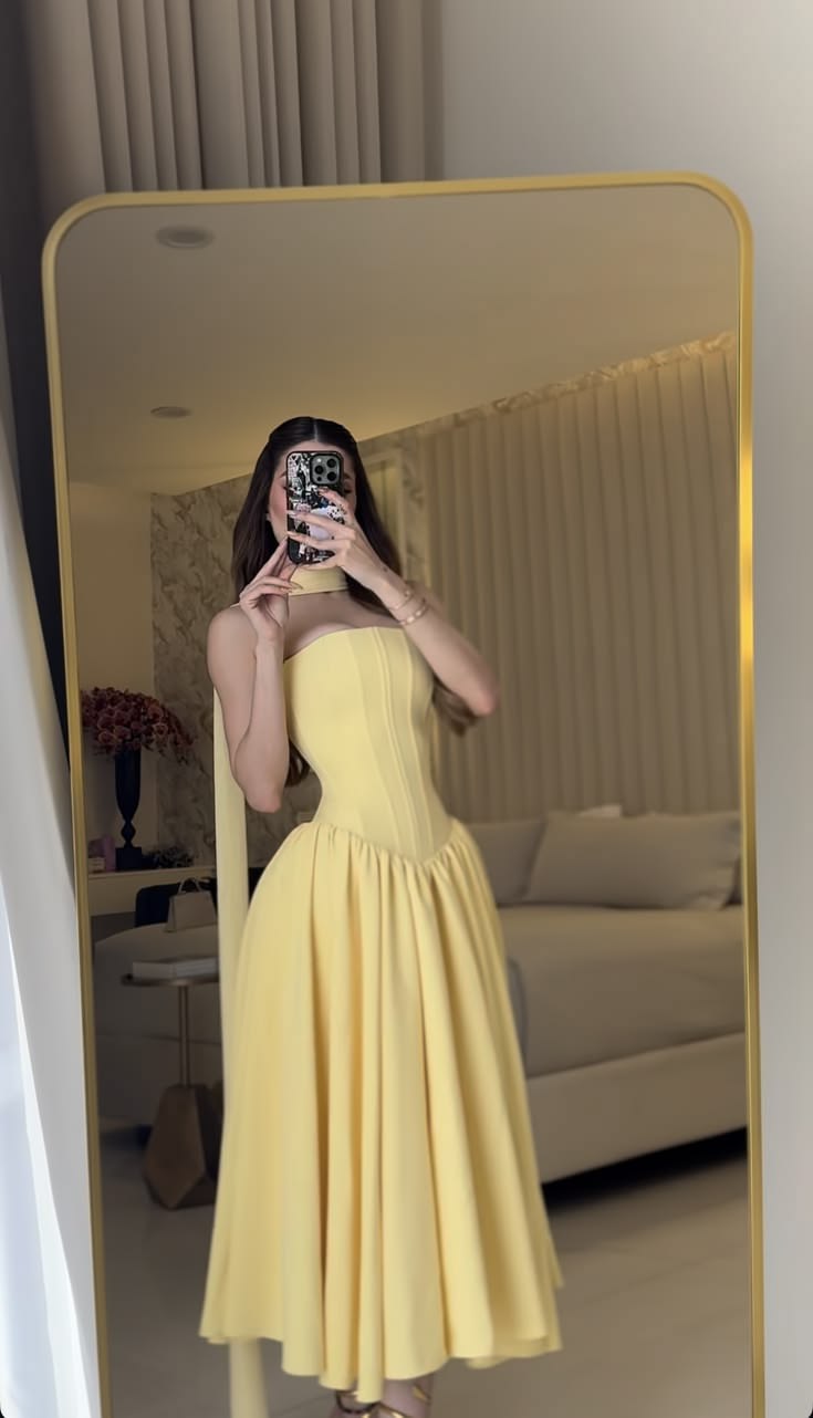 Sunny Yellow Strapless Corset Bodice Choker Ribbon A Line Long Prom Dress AD1357