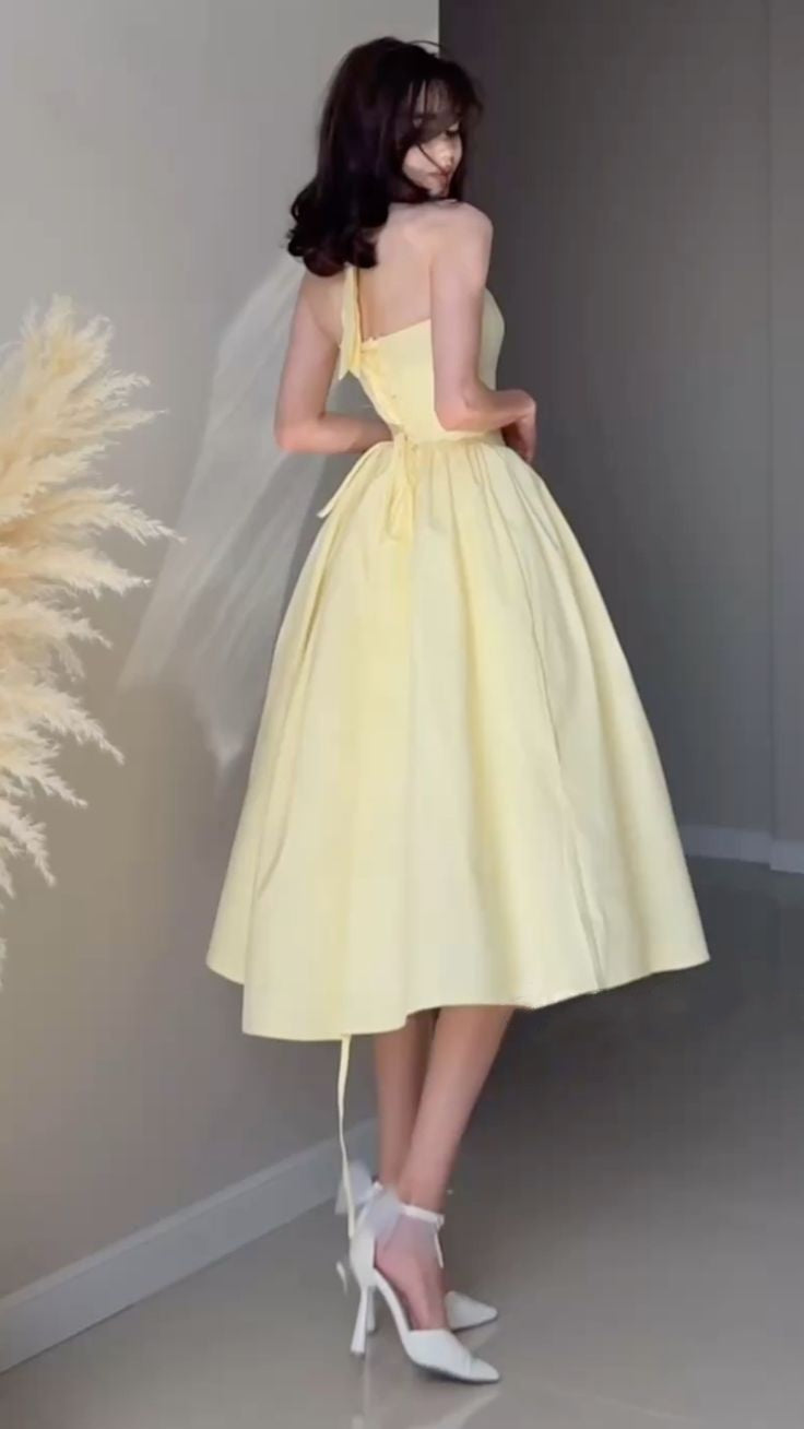 Airy Light Yellow Satin Halter Neck A-Line Midi Prom Dress Dress AD1358