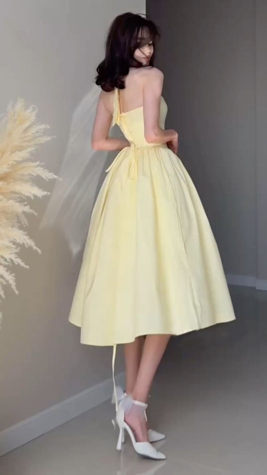 Airy Light Yellow Satin Halter Neck A-Line Midi Prom Dress Dress AD1358