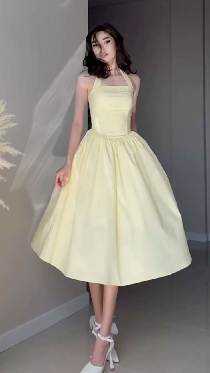 Airy Light Yellow Satin Halter Neck A-Line Midi Prom Dress Dress AD1358