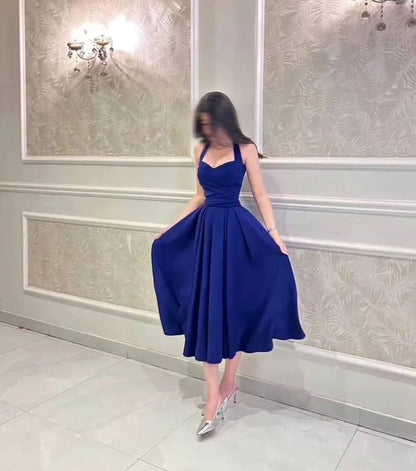 Chic Royal Blue Halter Sweetheart Ruched Bodice A-Line Long Prom Dress AD1359
