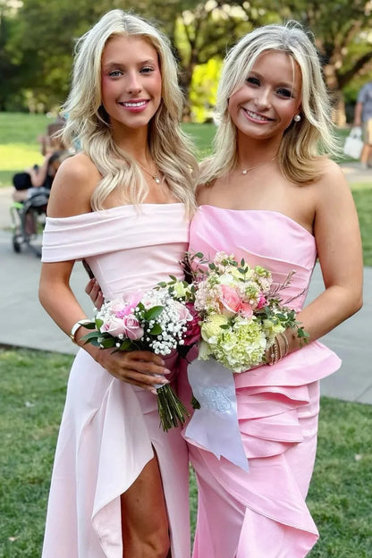 Light Pink Off Shoulder Mermaid Prom Dress With Ruffle Side High Slit AD136