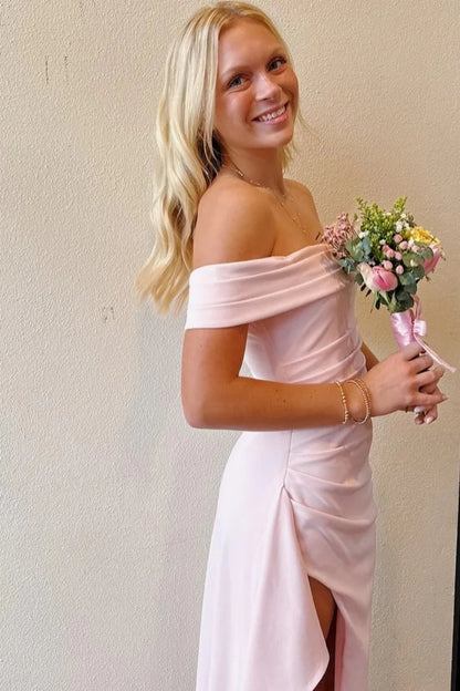 Light Pink Off Shoulder Mermaid Prom Dress With Ruffle Side High Slit AD136