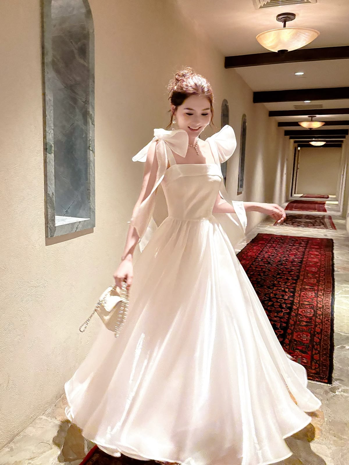 Dreamy White Square Neck Straps With Large Bow A-line Long Prom Dress AD1361