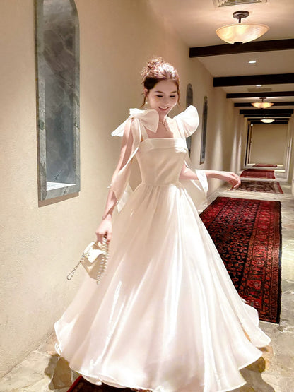 Dreamy White Square Neck Straps With Large Bow A-line Long Prom Dress AD1361