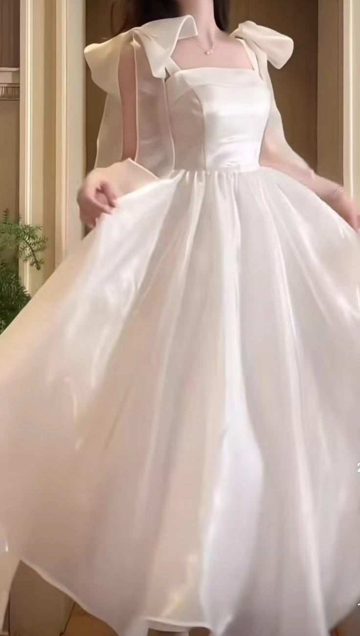 Dreamy White Square Neck Straps With Large Bow A-line Long Prom Dress AD1361