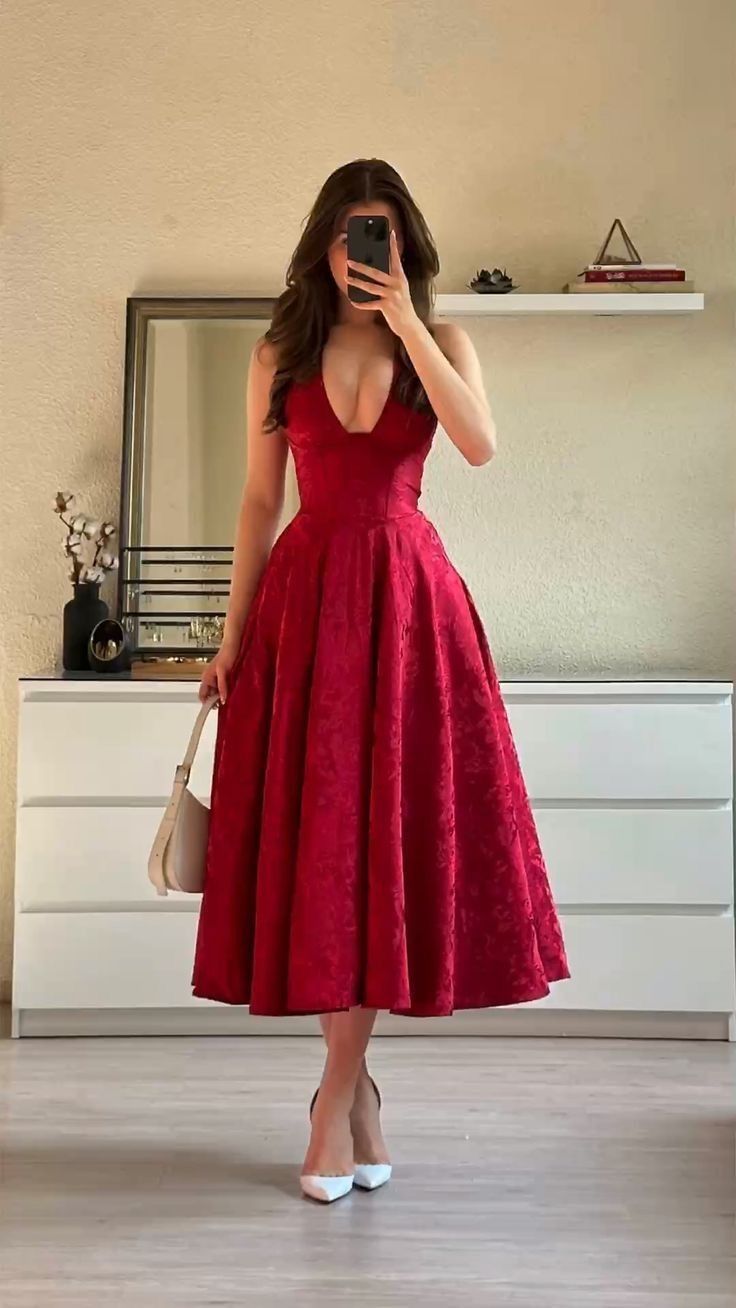 Glam Red Jacquard Halter Deep V Neck Sleeveless Corset Bodice A-Line Long Prom Dress AD1362
