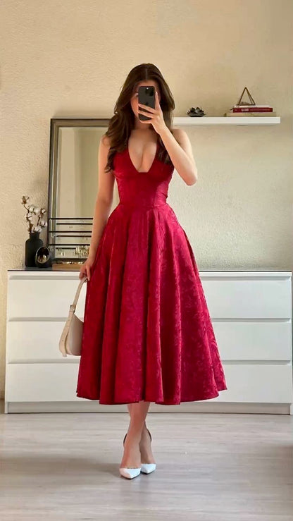 Glam Red Jacquard Halter Deep V Neck Sleeveless Corset Bodice A-Line Long Prom Dress AD1362