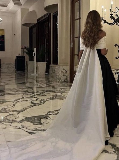 Elegant Black And White Off The Shoulder Ruched A-Line Long Prom Dress With Back Train AD1363