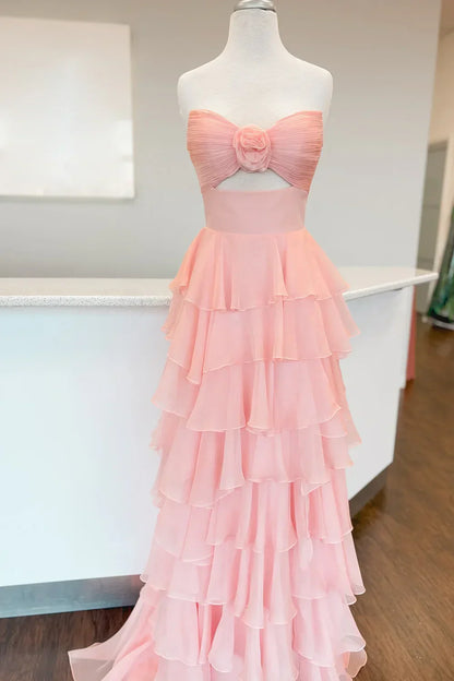 Romantic Blush Pink Strapless Chiffon Tiered Prom Gown For Formal Evenings AD137