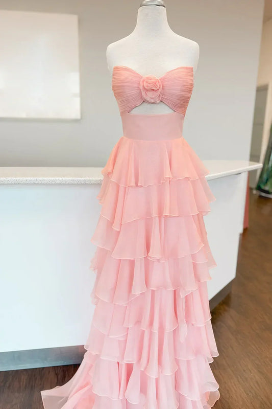 Romantic Blush Pink Strapless Chiffon Tiered Prom Gown For Formal Evenings AD137