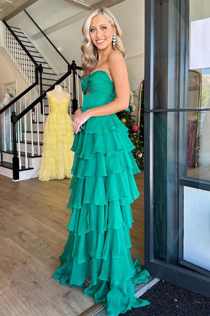 Romantic Blush Pink Strapless Chiffon Tiered Prom Gown For Formal Evenings AD137
