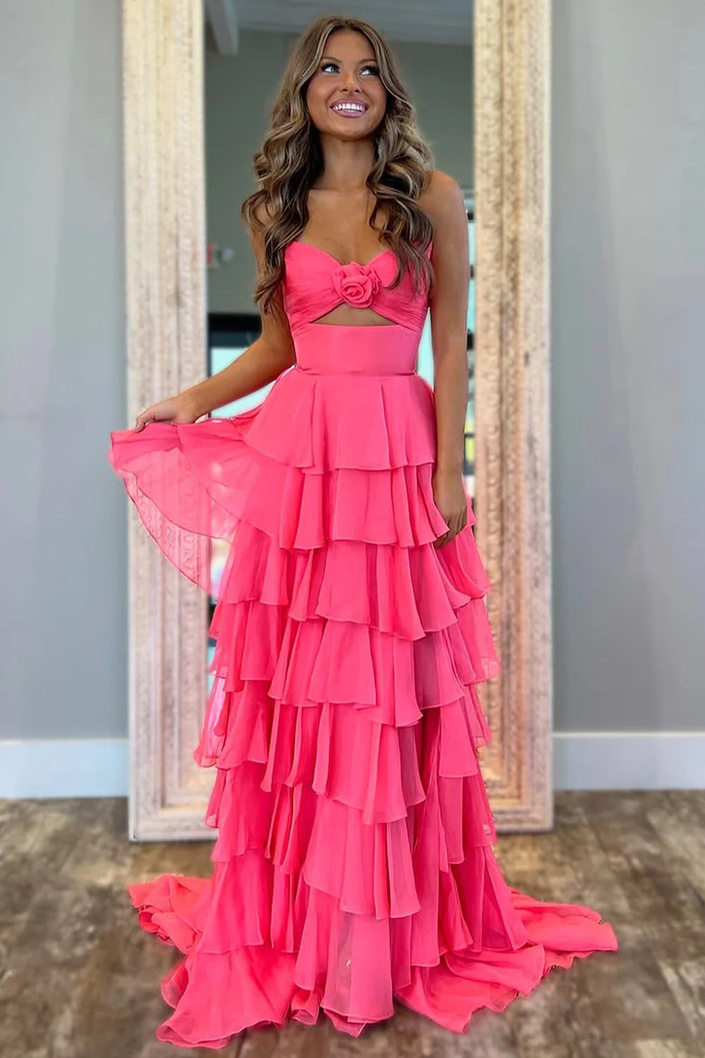 Romantic Blush Pink Strapless Chiffon Tiered Prom Gown For Formal Evenings AD137