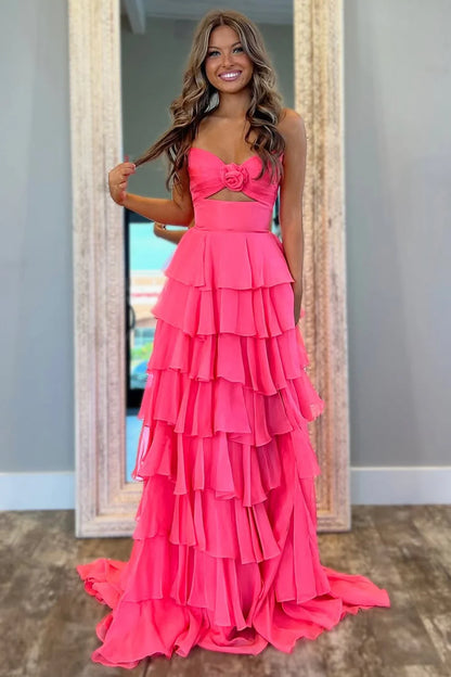 Romantic Blush Pink Strapless Chiffon Tiered Prom Gown For Formal Evenings AD137