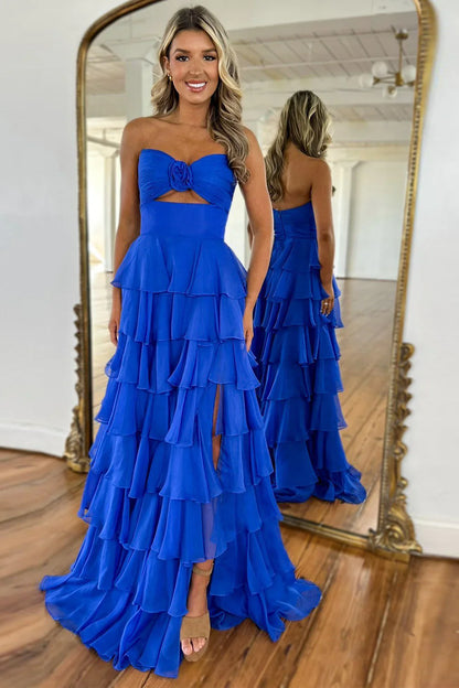 Romantic Blush Pink Strapless Chiffon Tiered Prom Gown For Formal Evenings AD137