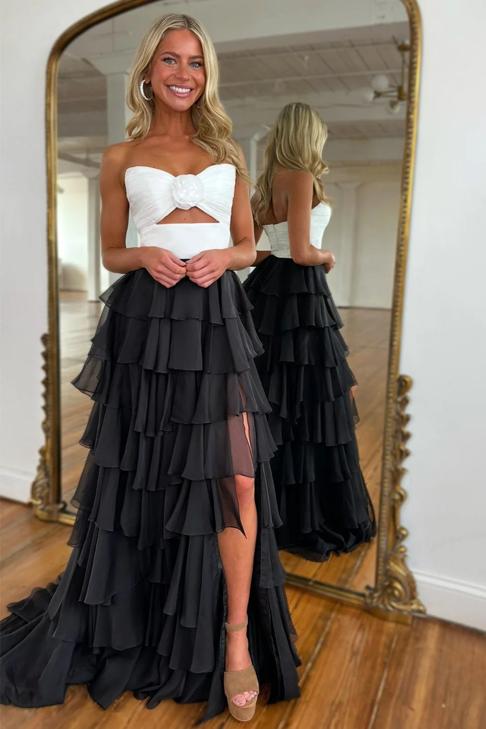 Romantic Blush Pink Strapless Chiffon Tiered Prom Gown For Formal Evenings AD137