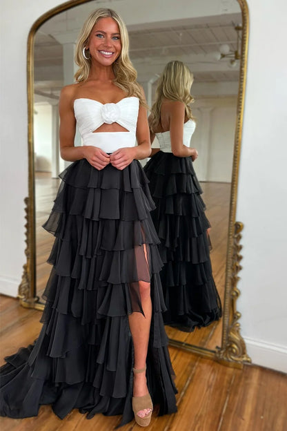 Romantic Blush Pink Strapless Chiffon Tiered Prom Gown For Formal Evenings AD137