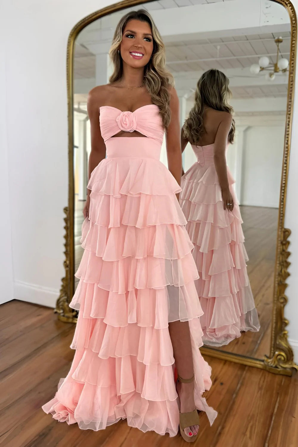 Romantic Blush Pink Strapless Chiffon Tiered Prom Gown For Formal Evenings AD137