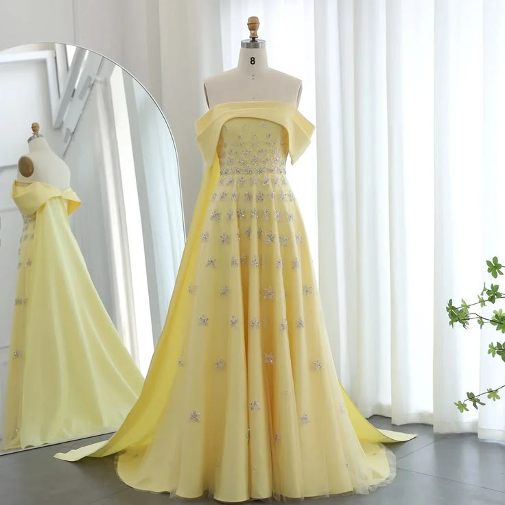 Elegant Pale Yellow Off Shoulder Beaded A-line Long Prom Dress With Train AD1379